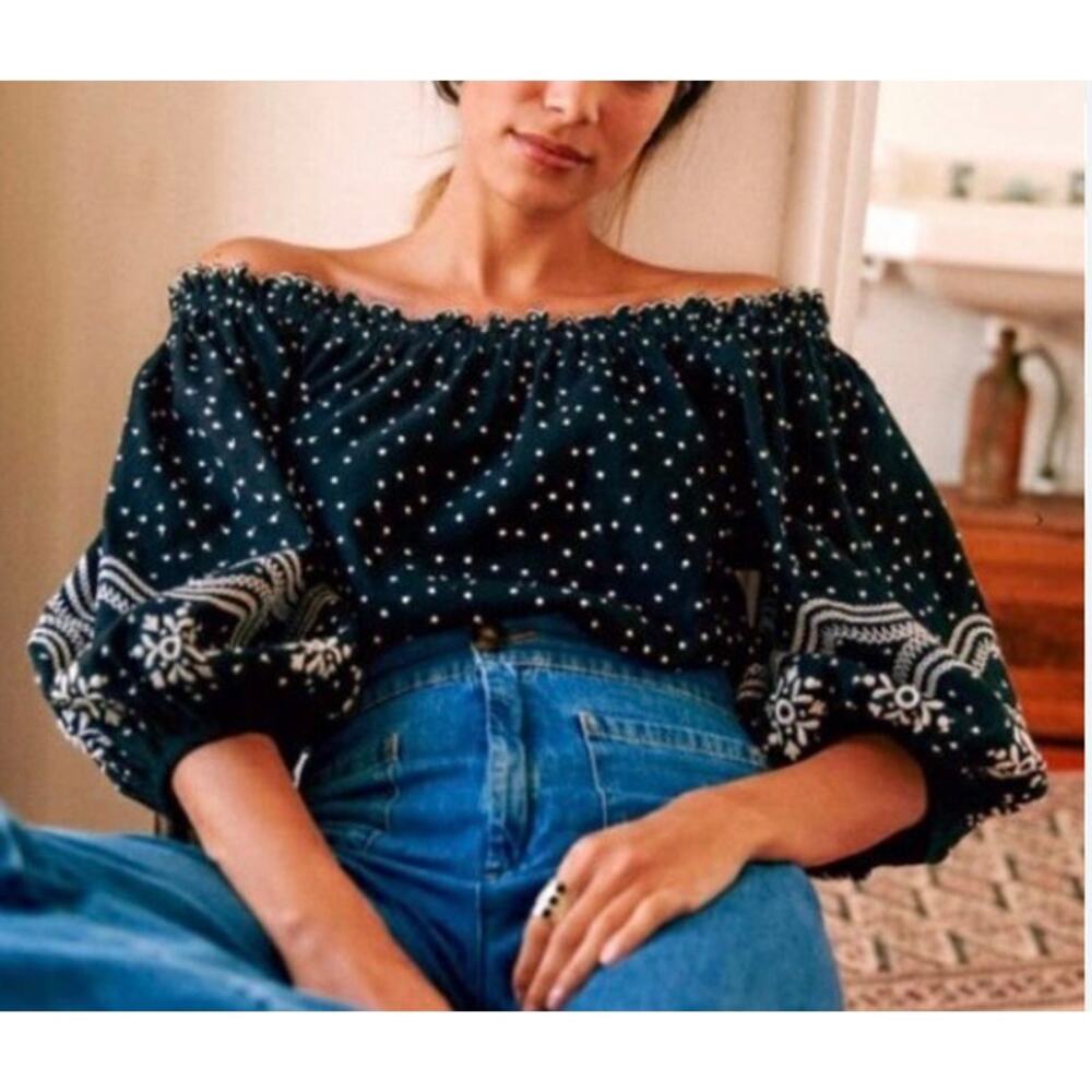 Sezane Santoni Off The Shoulder Blouse Top Womens 34 /2 Black White Embroidered